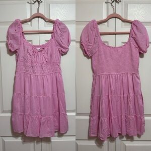 Hollister Pink Puff Sleeve Tiered Mini Dress